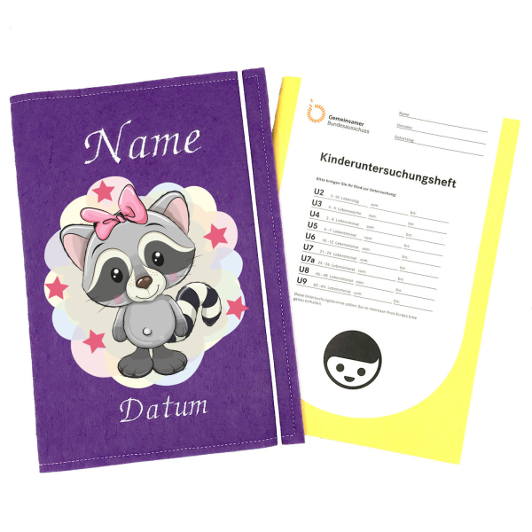 U-Heft Hülle personalisiert Waschbär mit Sternen für Mädchen